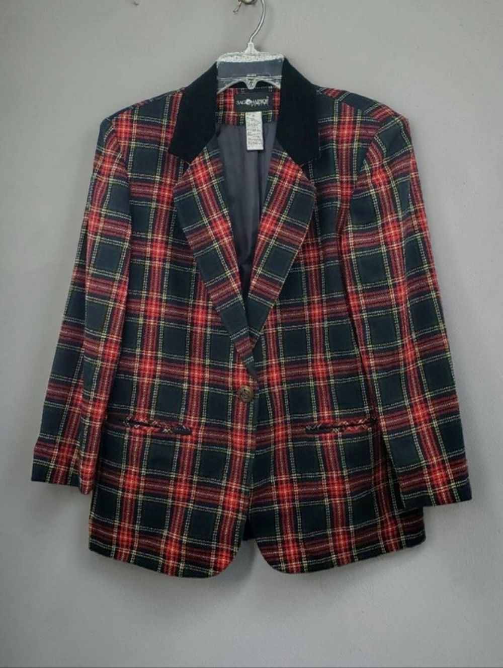 Vtg Sag Harbor Tartan Plaid Blazer Women's 10P Navy Red Wool Blend Velvet Collar